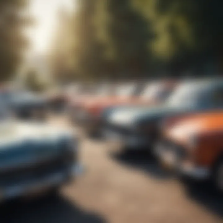 An assortment of classic cars parked in a scenic location