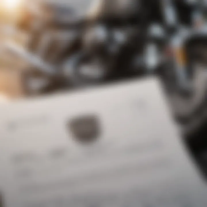 A close-up view of an insurance document with a motorcycle emblem, highlighting key policy elements.