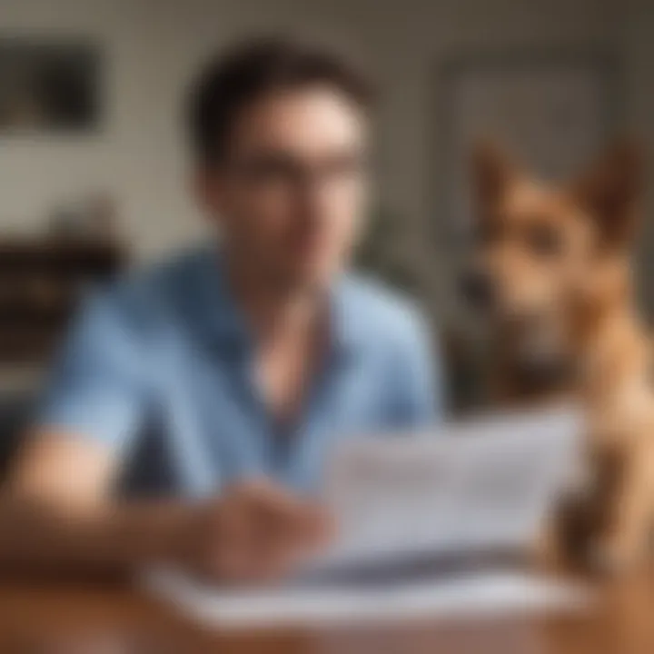 A pet owner reviewing insurance policy documents, emphasizing informed choices.