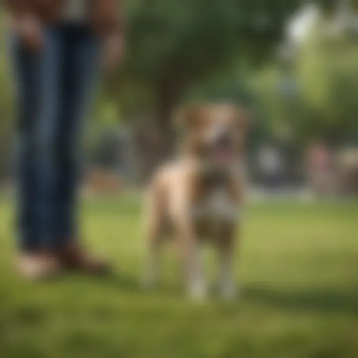 A dog playing in a park with a concerned owner in the background, symbolizing pet ownership responsibilities.