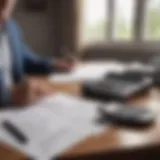 A senior driver reviewing insurance options at a desk with a calculator and paperwork.