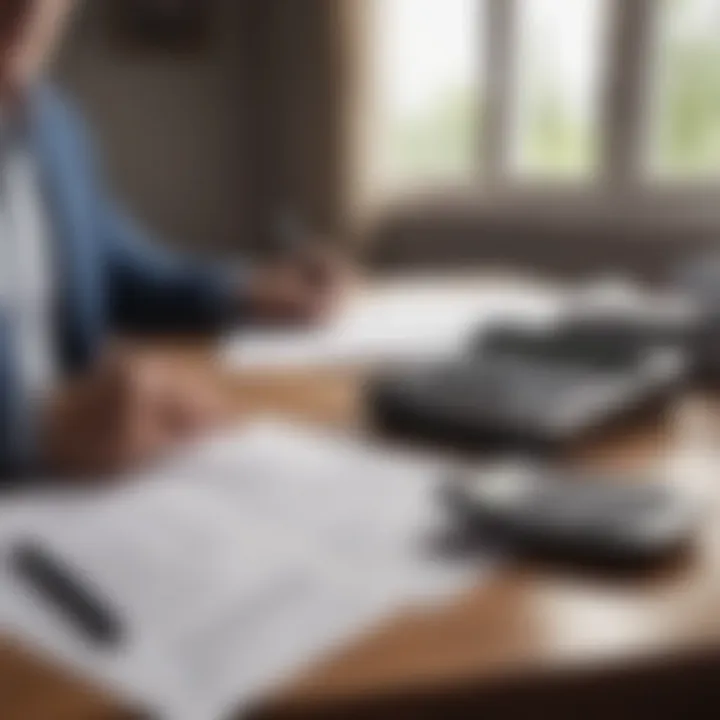 A senior driver reviewing insurance options at a desk with a calculator and paperwork.