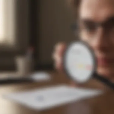 A student reviewing their credit report with a magnifying glass.