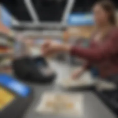 A customer engaging in a transaction at the Walmart checkout.